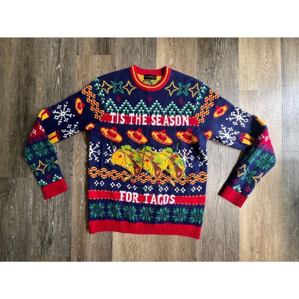 Blizzard Bay Sweater Mens M Blue Tis The Season For Tacos Ugly Christmas Holiday